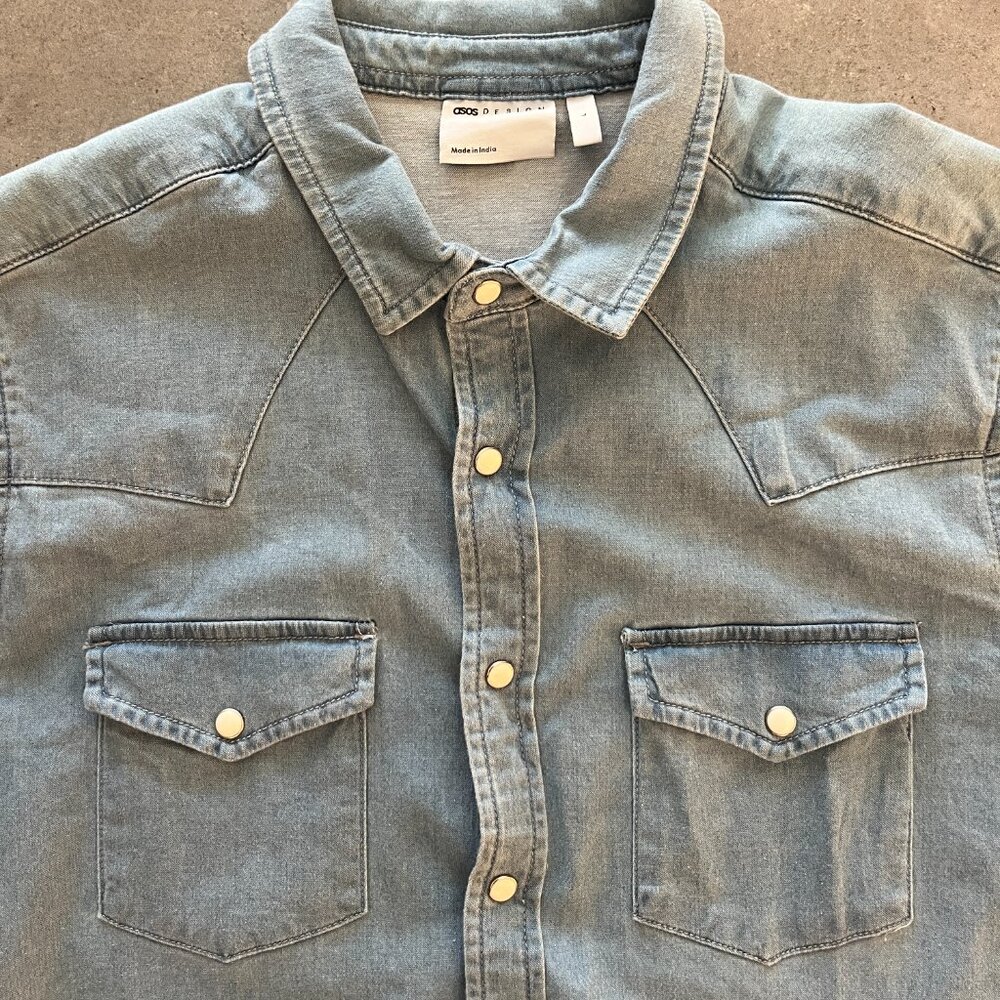 ASOS Mens LARGE Short Sleeve Slim Fit Western Denim Shirt - Picture 5 of 8